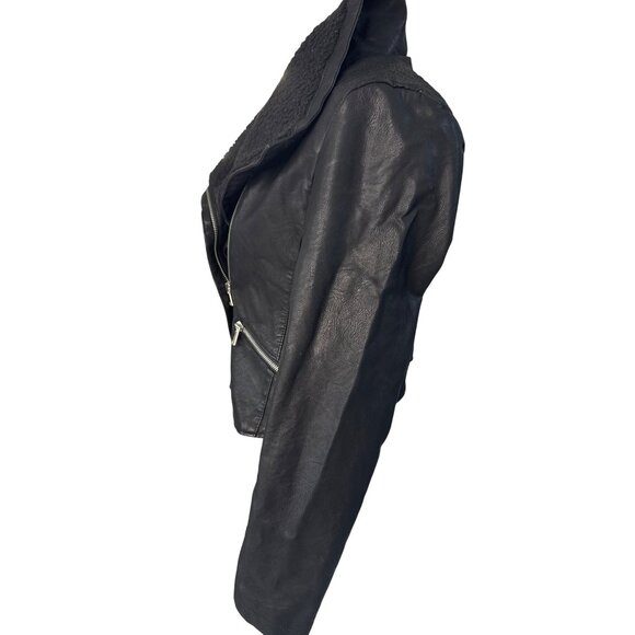 Baccini Womens Black Faux Leather Jacket W/ Faux Shearling Collar Zip Pockets M - Picture 4 of 14